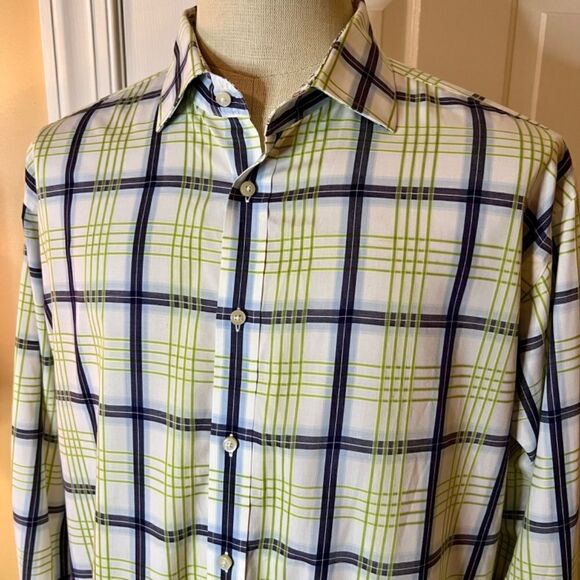NWOT Thomas Dean‎ White Navy Green Blue Plaid Shirt w/ Floral Flip Cuff Size XL - Picture 3 of 6